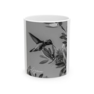 Ceramic Mug 11oz. Hummingbird in black and white.